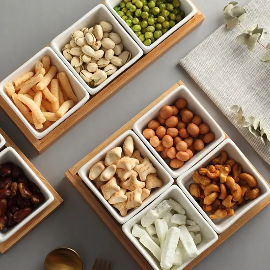 Bamboo Tray Ceramic Serving Dishes Platter Set