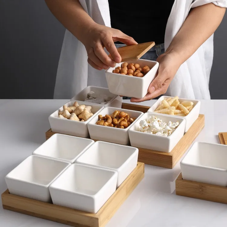 Bamboo Serving Tray with 4 Divided Ceramic Section Plates for Party Bar Food Snack Fruit Caddy