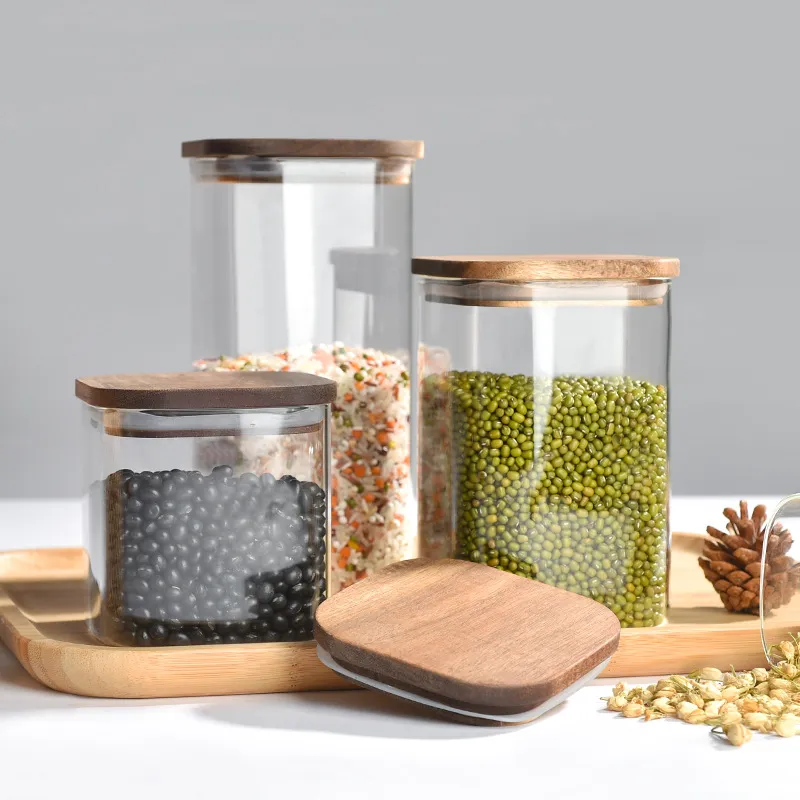 Wholesale Square Glass Storage Food Jar with Bamboo Wooden Lid