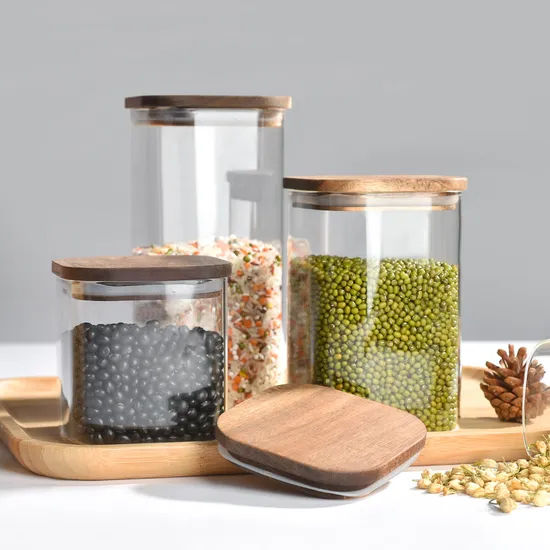 Wholesale Square Glass Storage Food Jar with Bamboo Wooden Lid