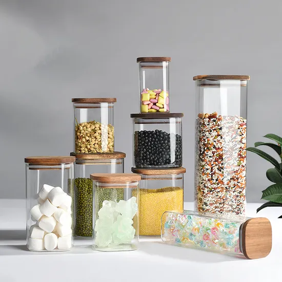 Manufacture Glass Storage Containers Clear Glass Food Canister with Airtight Bamboo Lid