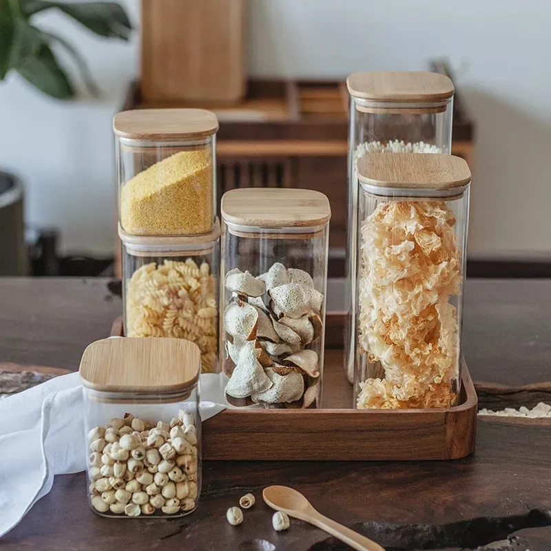 Glass Jar with Bamboo Lid for Coffee Bean Candy Cookie Noodles Nuts Spices