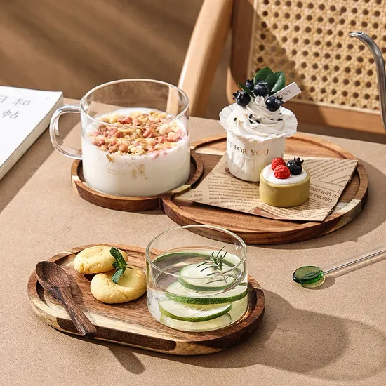 Heat Resistant Wood Serving Tray with Pudding Glass Bowl Ice Cream Bowl Yogurt Cup