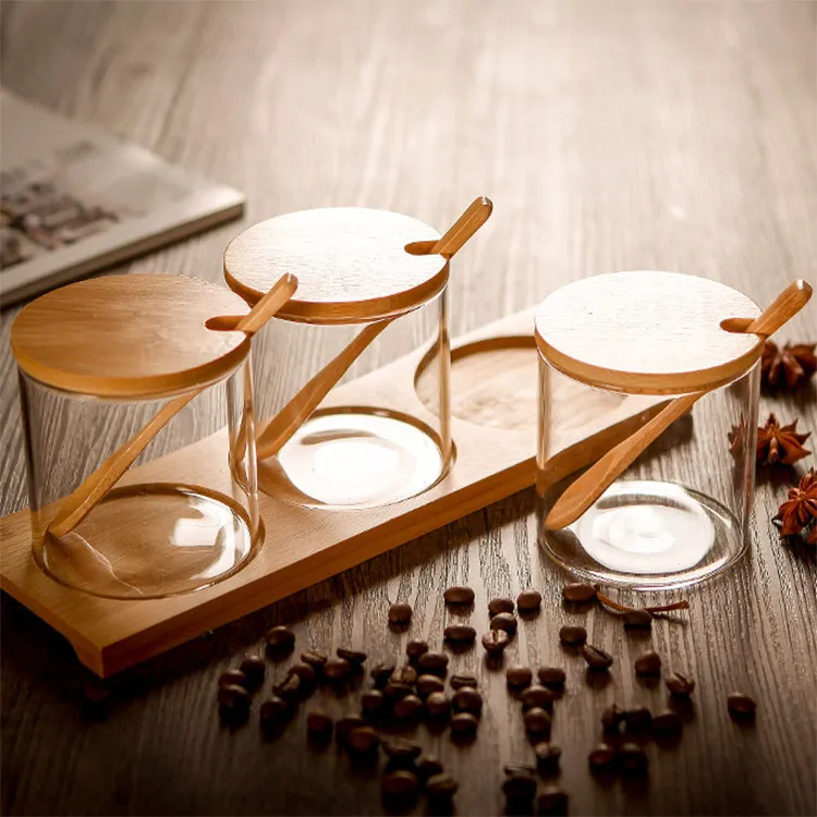 Clear Glass Spice Jars Set of 3 with Bamboo Lids and Spoons and Divided Bamboo Stand
