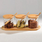Clear Glass Spice Jars Set of 3 with Bamboo Lids and Spoons and Divided Bamboo Stand