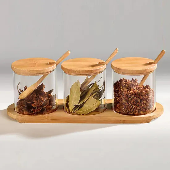 Clear Glass Spice Jars Set of 3 with Bamboo Lids and Spoons and Divided Bamboo Stand