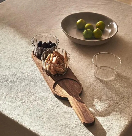 Paddle Shape Acacia Wood DIP Tray with 3 PCS Glass Serving Bowls Set for Sale