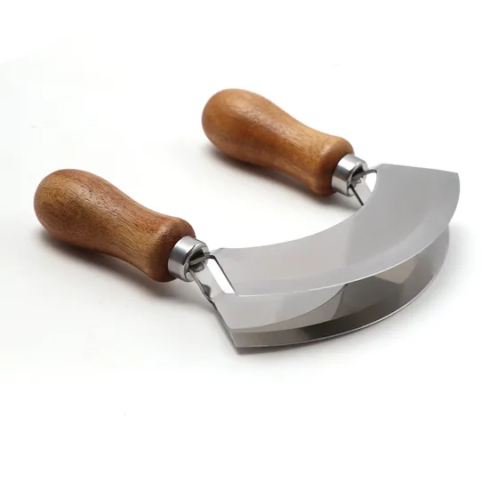 Round Wooden Cutting Board with Double-Blade Stainless Steel Mezzaluna Herb Chopper