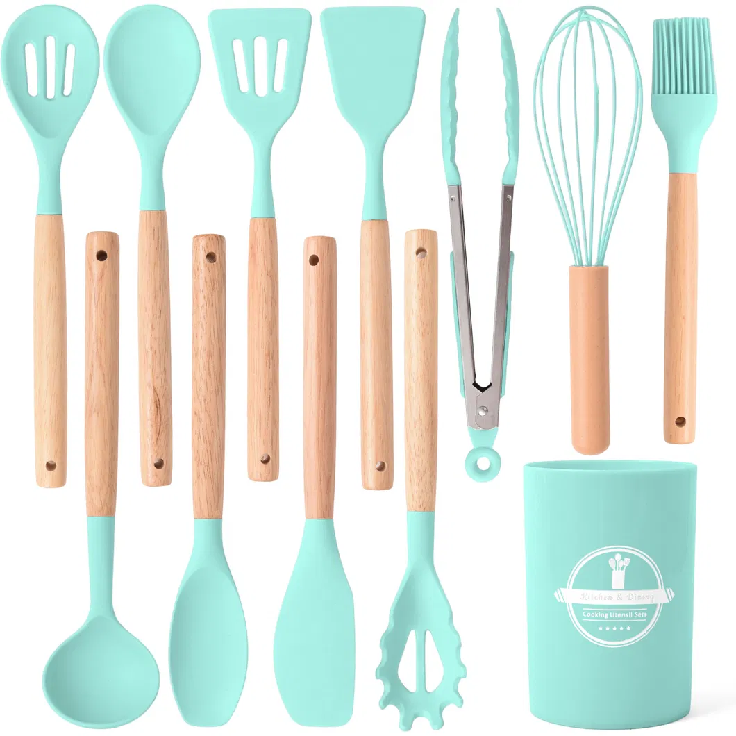 All-Purpose 12 PCS Silicone Kitchen Utensils Set Cooking Tools Kitchen Gadgets with Wooden Handle and Storage Holder