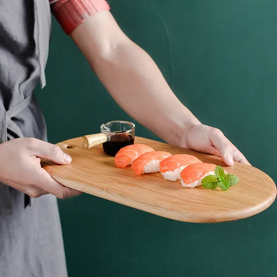 Oval Shape Oak Wood Snack Cheese Charcuterie Sushi Serving Board with Hanging Hole
