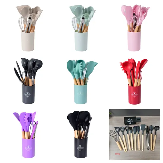 Wholesale Custom Silicone Kitchen Utensils with Wooden Handle for Cooking