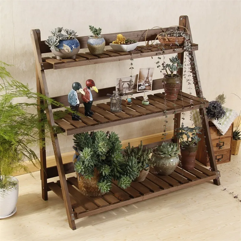 Foldable Solid Wood Flower Shelf with Four and Three Layers for Garden