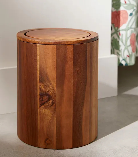 Round Wood Trash Bin Waste Basket for Bathroom