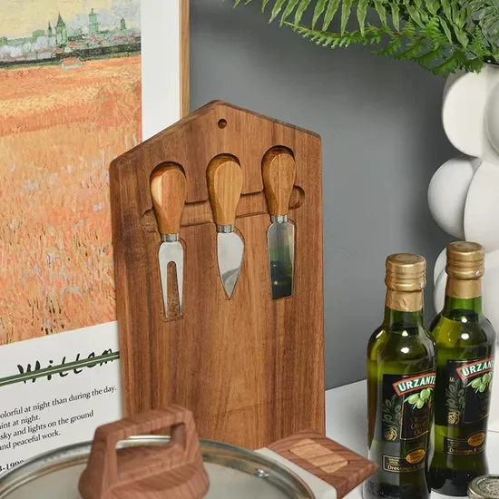 Handmade Acacia Wooden Cheese Board Set with Fork Knives and Leather Straps