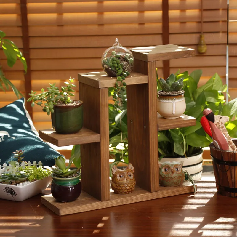 Multi-Tier Wooden Desktop Small Flower Stand Office Balcony Bay Succulents Rack Flower Pot Plant Shelf
