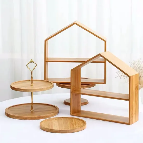 Manufacture House Shape 2 Tier Wood Cup Cake Stand Bamboo Cake Rack for Dessert