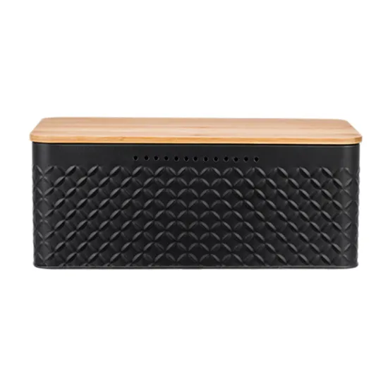 Rectangle Metal Bread Bin Bread Box Bread Holder Bread Storage Container with Wood Lid Grid