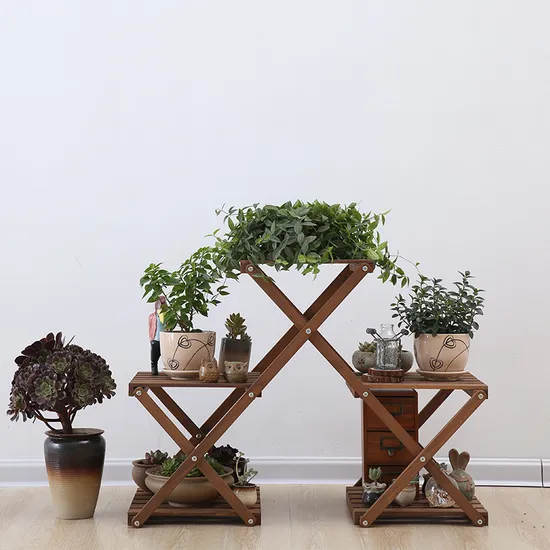 Movable and Fodable Triangular Wood Flower Shelf Plant Display Stand Outdoor Indoor