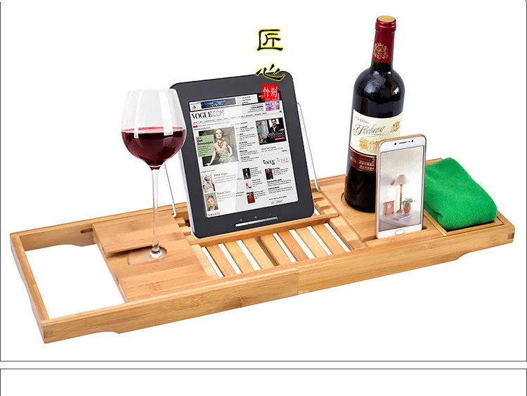Retractable Multifunctional Non-Slip Bamboo Bathroom Shelf Bathtub Shelf with Red Wine Stand