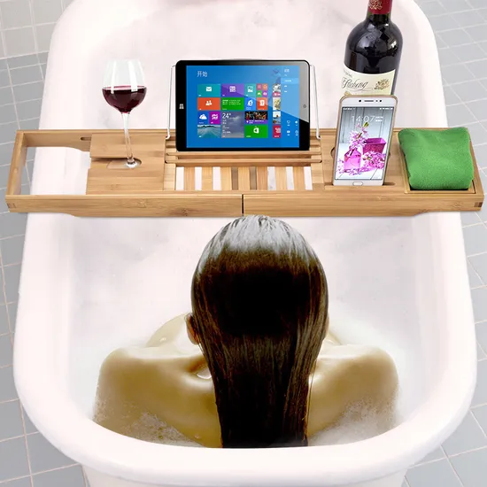 Retractable Multifunctional Non-Slip Bamboo Bathroom Shelf Bathtub Shelf with Red Wine Stand