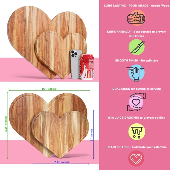 Heart Shape Acacia Wood Cutting Board Serving Board Set of 2