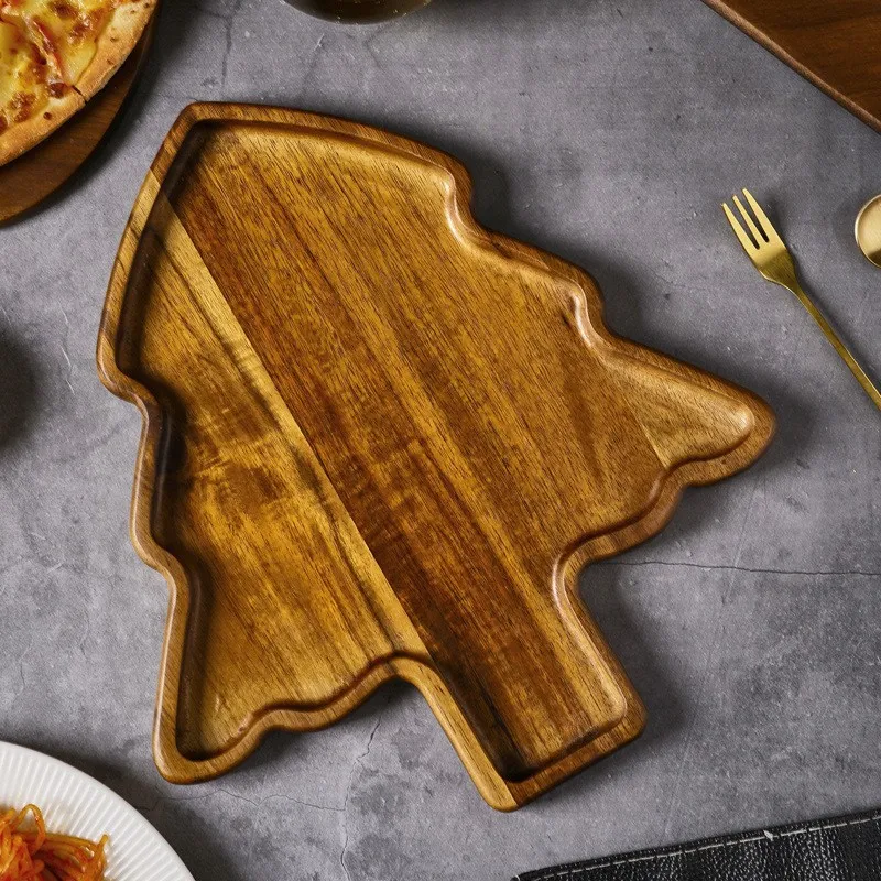 Festive Acacia Wood Christmas Tree Serving Tray for Picnics