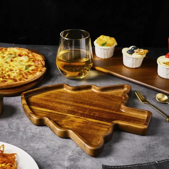 Festive Acacia Wood Christmas Tree Serving Tray for Picnics