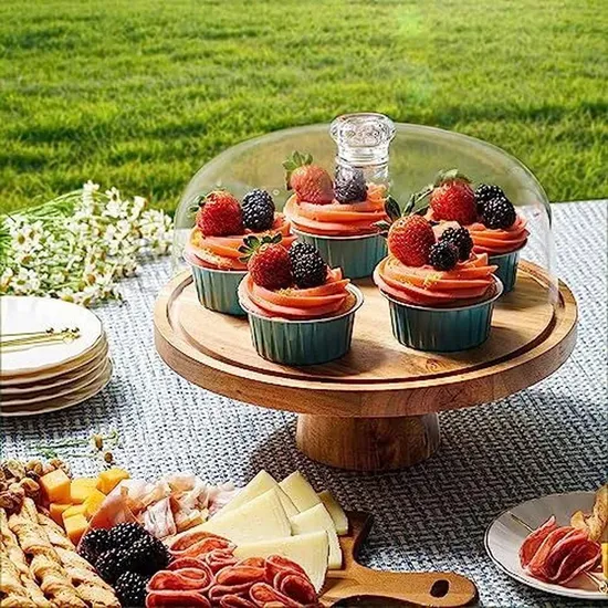 Rustic Double Use Round Acacia Wooden Bowl Cake Stand with Glass Dome