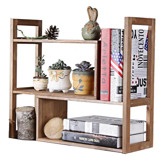 Study Wooden Desktop Bookshelf Desktop Organiser Flower Pot Stand