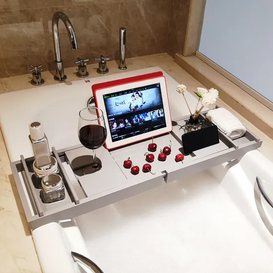 Grey Color Extendable Bamboo Bathtub Caddy Tray with Book and Wine Holder