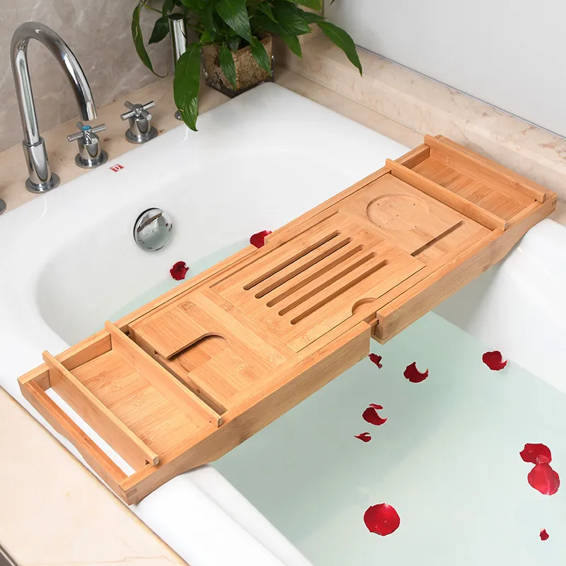Grey Color Extendable Bamboo Bathtub Caddy Tray with Book and Wine Holder