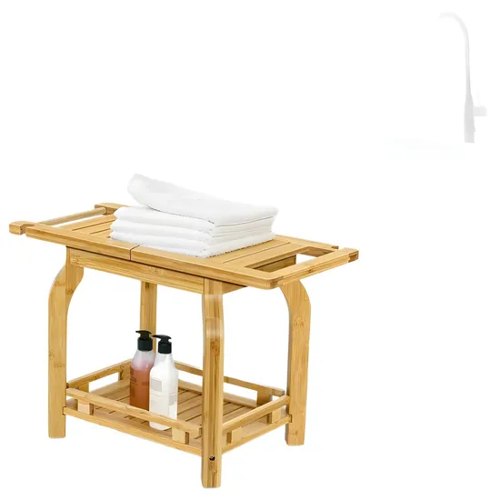 Two Layers Multifunctional Bamboo Bathroom Shower Stool Wooden Shoe-Changing Stool with Towel Hange