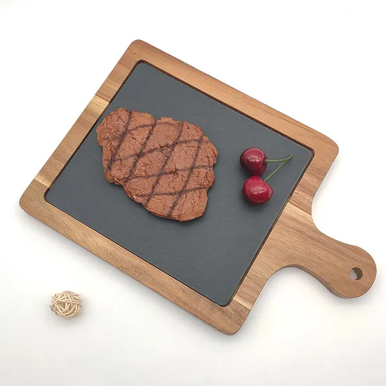 Oval Shape Acacia Wood and Slate Steak Tray Chopping Board Cheese Board with Knvies