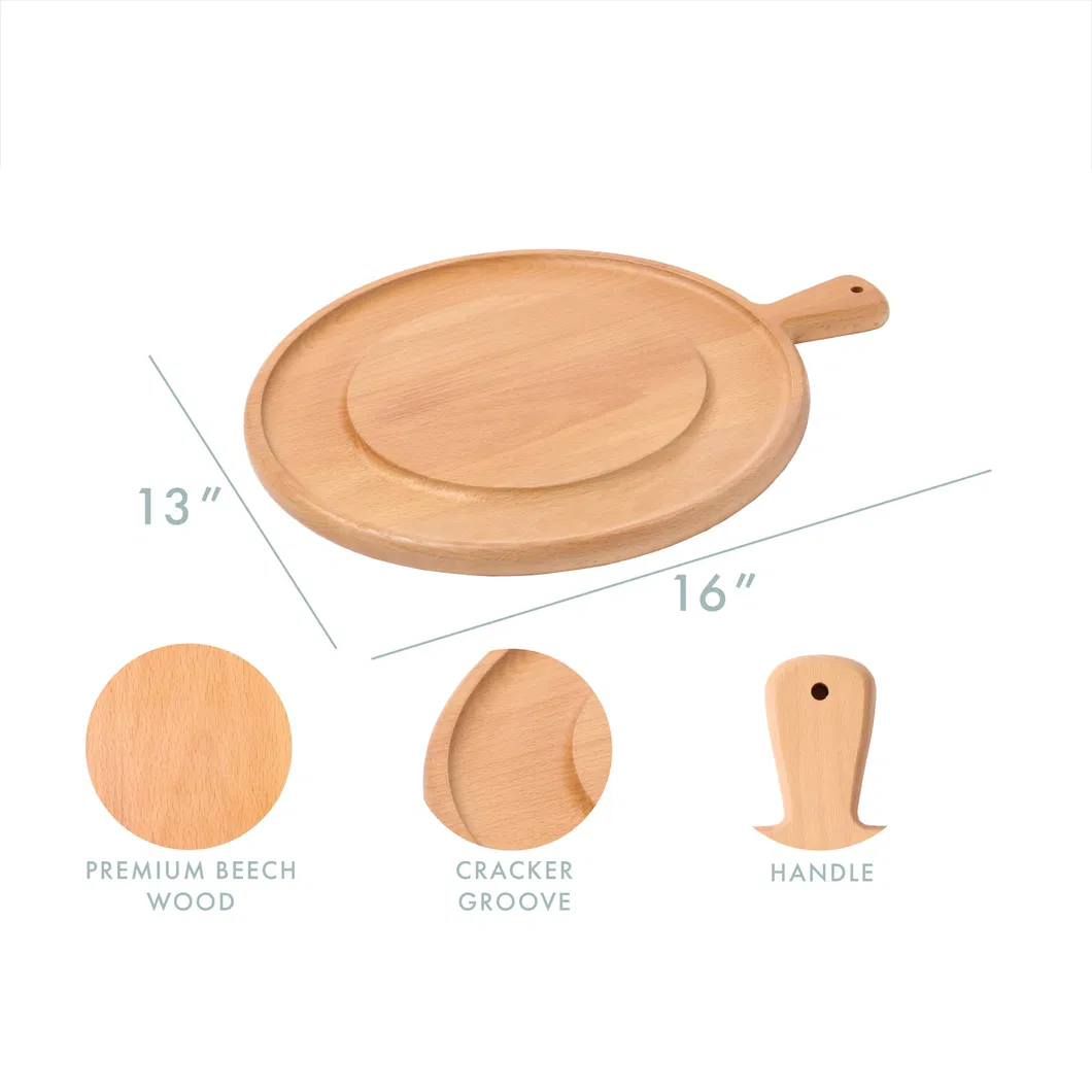 Round Beech Wood Charcuterie Board Serving Tray with Handle