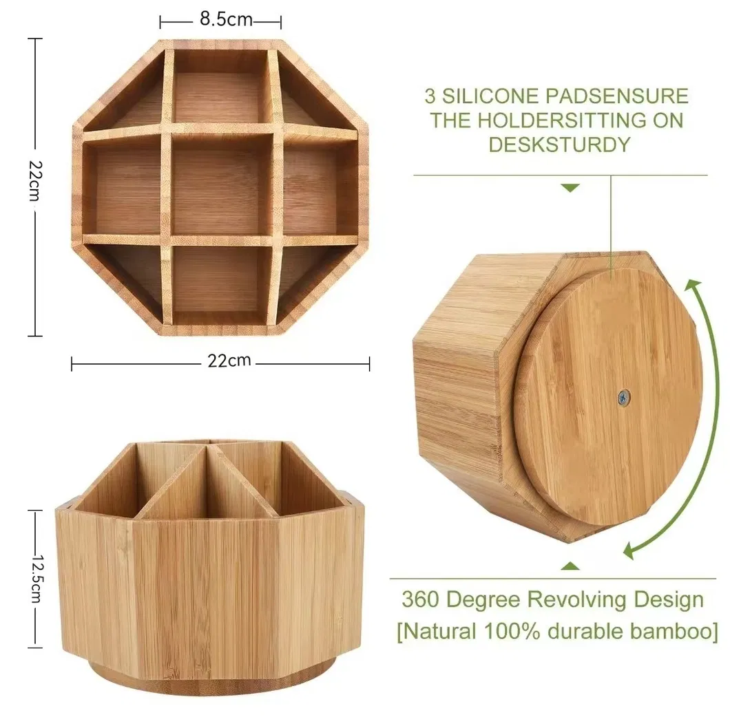 Rotating Bamboo Desk Organizer Art Supply Caddy Holds Marker Pen Brush Storage Box for Office School