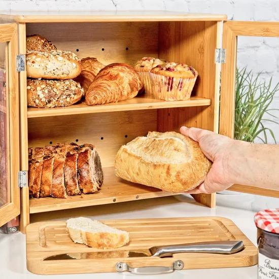 Multifunctional 2 Layer Bamboo Bread Box with Cutting Board for Kitchen Counter and Bakery