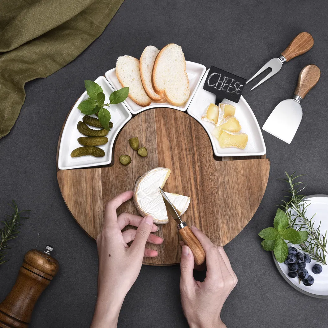 Fujian Factory Supply Round Acacia Cheese Board with Removable Bowls and Knives