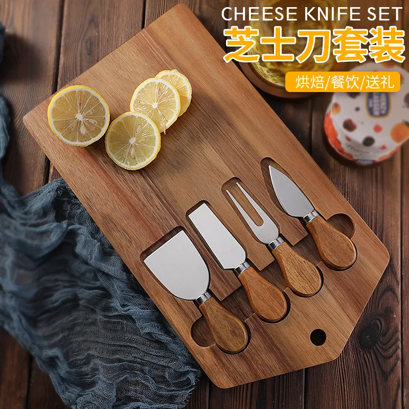 Long Acacia Wood Cheese Board with Cutlery Set for Outdoor Camping