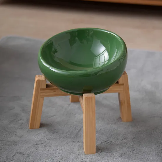 Creative Ceramic Pet Water Bowls Food Bowl with Sturdy Bamboo Base