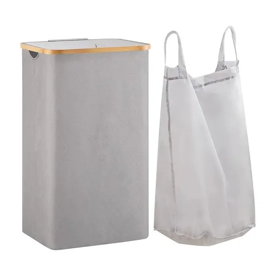 Large Bamboo Circle Fabric Laundry Basket with Lid and Removable Laundry Bags