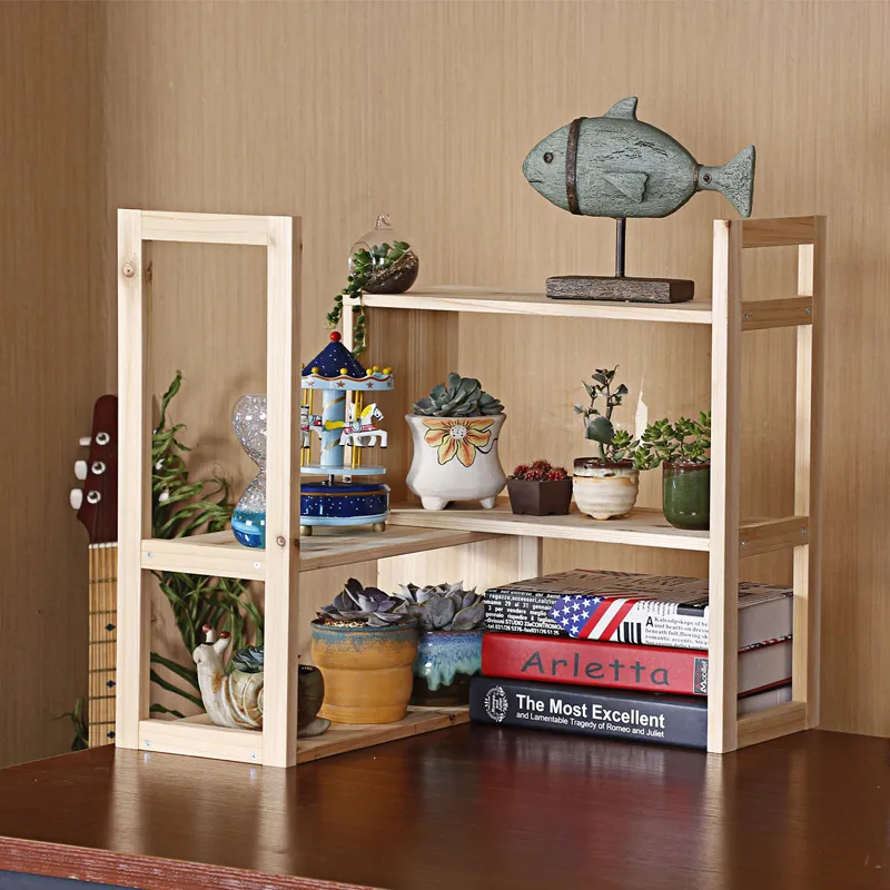 Study Wooden Desktop Bookshelf Desktop Organiser Flower Pot Stand