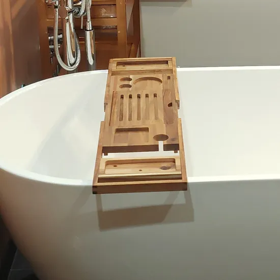 Luxury Extendable Acacia Wooden Bathtub Caddy Tray with Wine Holder and Book Stand