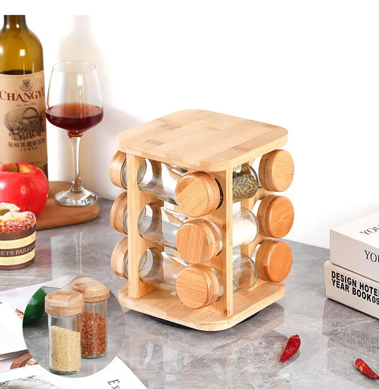 12-Jar Rotating Bamboo Spice Rack for Herbs & Seasonings