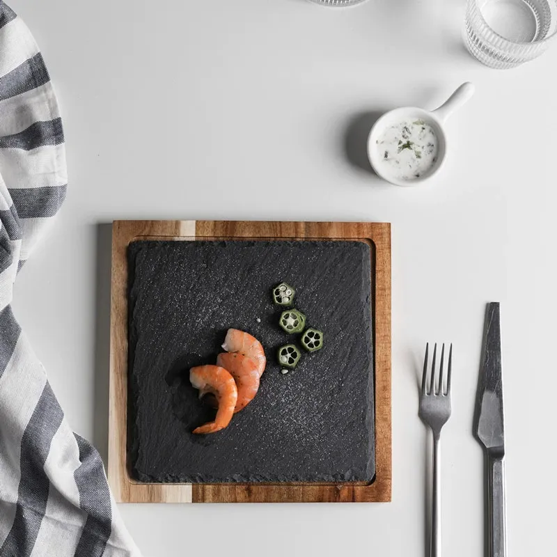 Square Shaped Acacia and Slate Serving Board Cheese Board for Snack / Dessert / Charcuterie