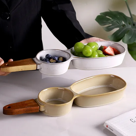 Wooden Handle Ceramic Snack Bowl Divider Ceramic Serving Dish Salad Container Plate