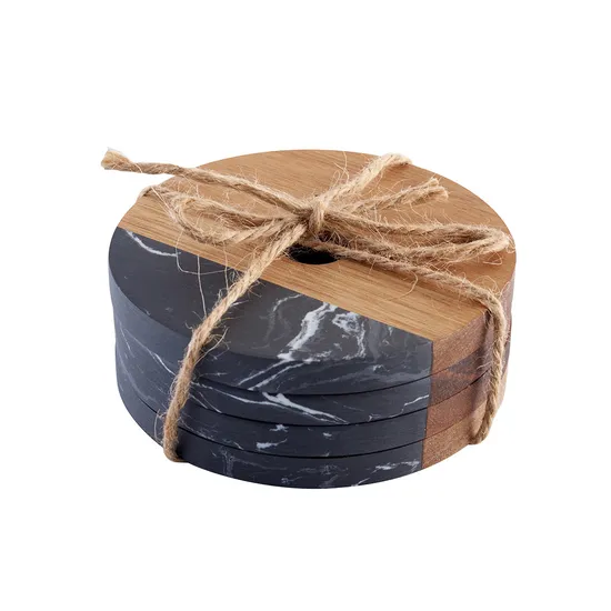 Heat-Resistant Square Marble & Acacia Wood Coasters Set, Mixed Round/Square/Irregular Shapes