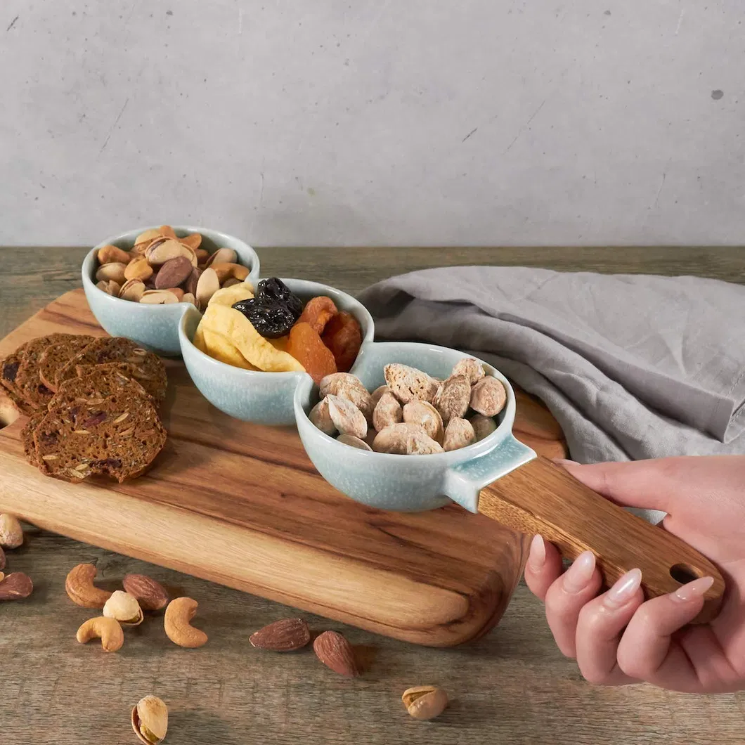 3 Part Serving Bowl with Timber Handle for Dips, Condiments, Relish, Mezze, Snacks, Nuts and Olives
