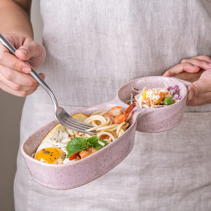 Stylish Ceramic Snack Bowl with Divider and Wooden Handle