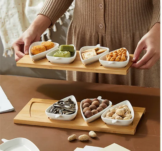 4 PCS Ceramic Appetizer Dipping Bowls with Bamboo Tray