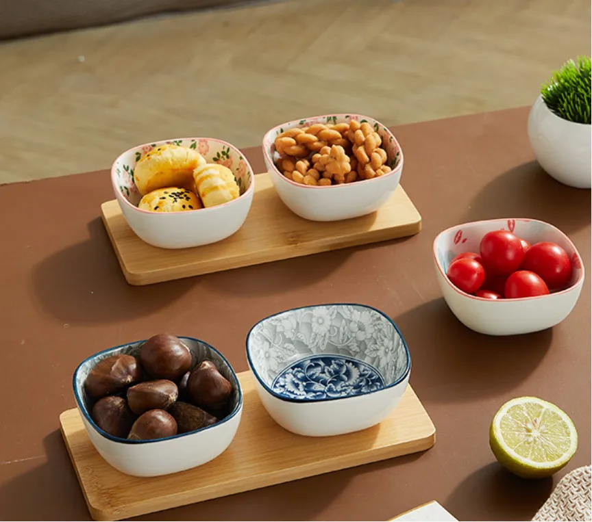 Elegant Ceramic Dipping Bowls Set with Bamboo Serving Tray